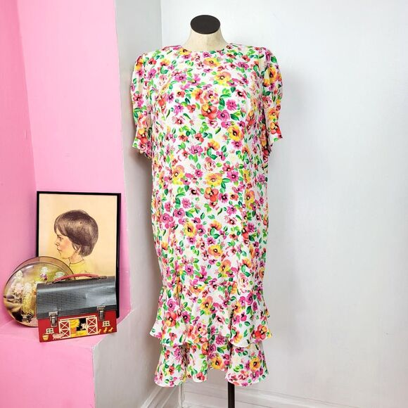 Vintage 80s Bright Floral Print Drop Waist Dress - Picture 2 of 8